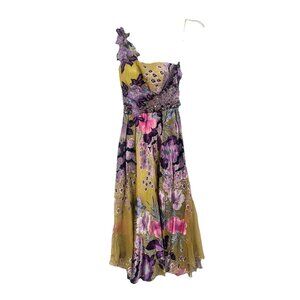 Floral One Shoulder Maxi Dress Fairycore Whimisgoth Dark Romantic Beaded Sz Smal